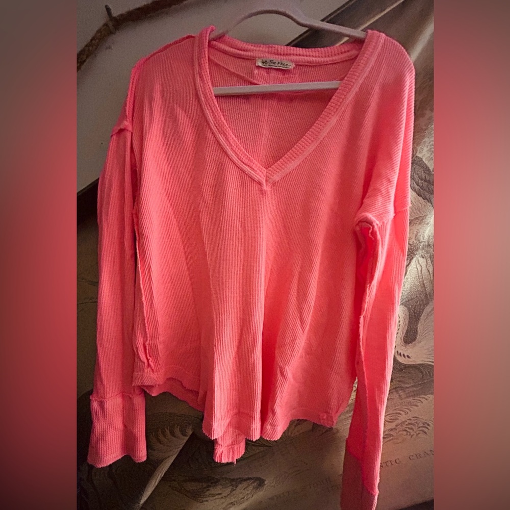 * We The Free Neon Orange Waffle Knit Cotton Fabric Top SZ Small Oversized *